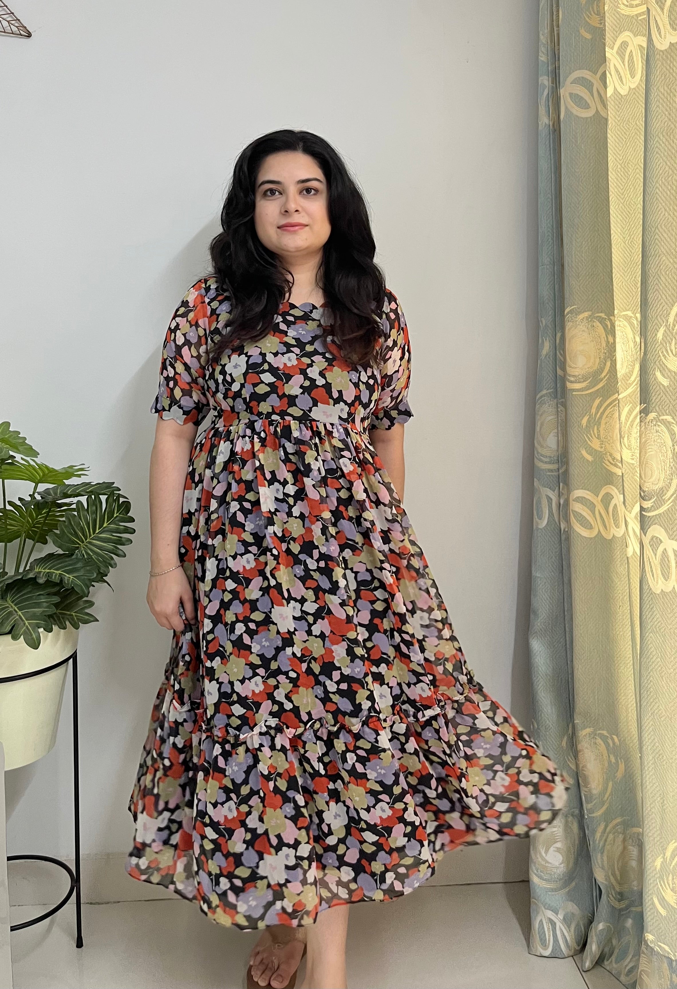 Printed georgette black midi