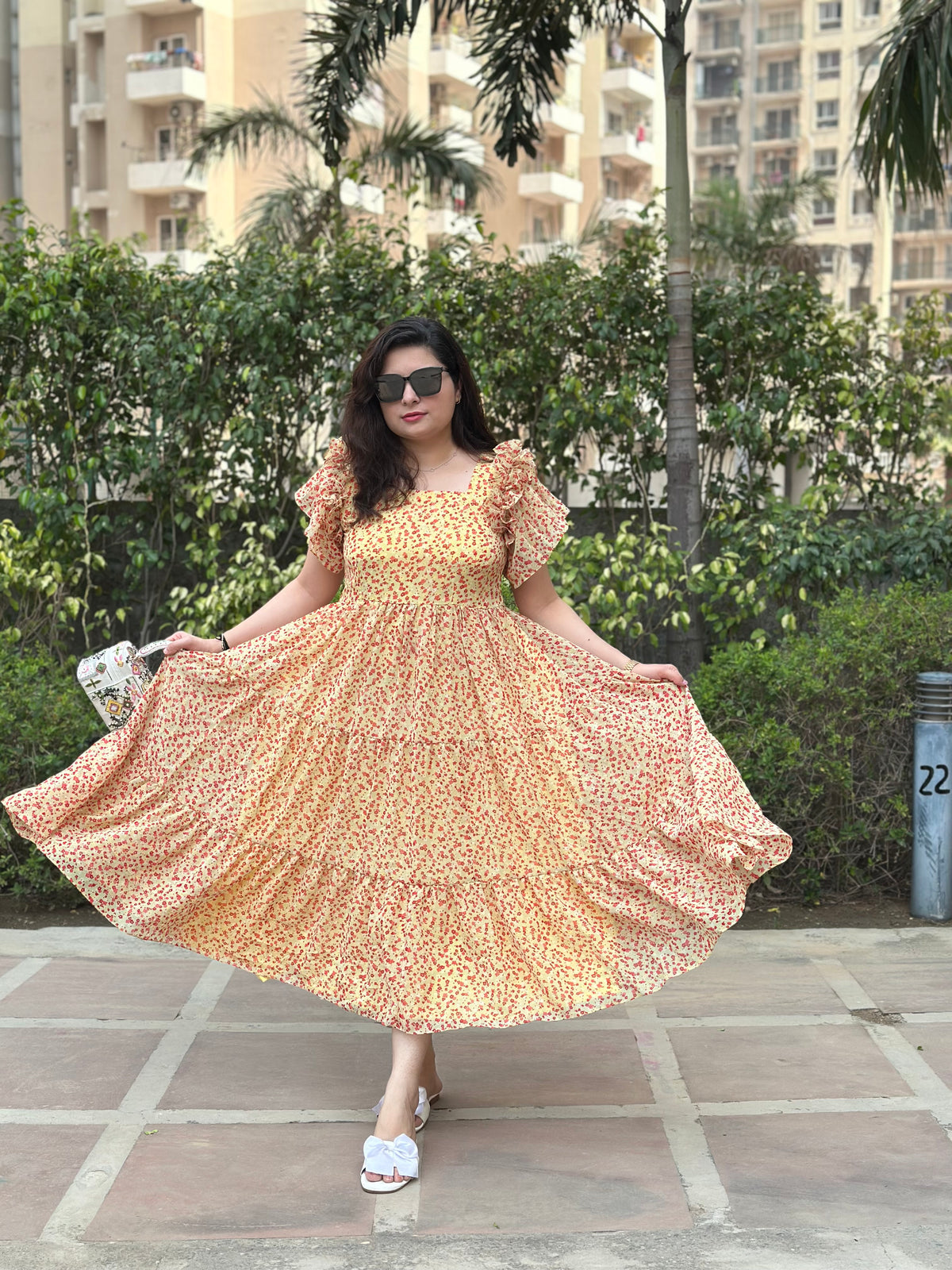 Yellow Georgette Summer Dress For Women with Flattering Sleeves