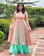 Hand Embroidered Pink Foil Printed Skirt Set