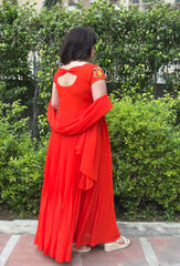 Hand Embroidered Orange Georgette Pleated Anarkali