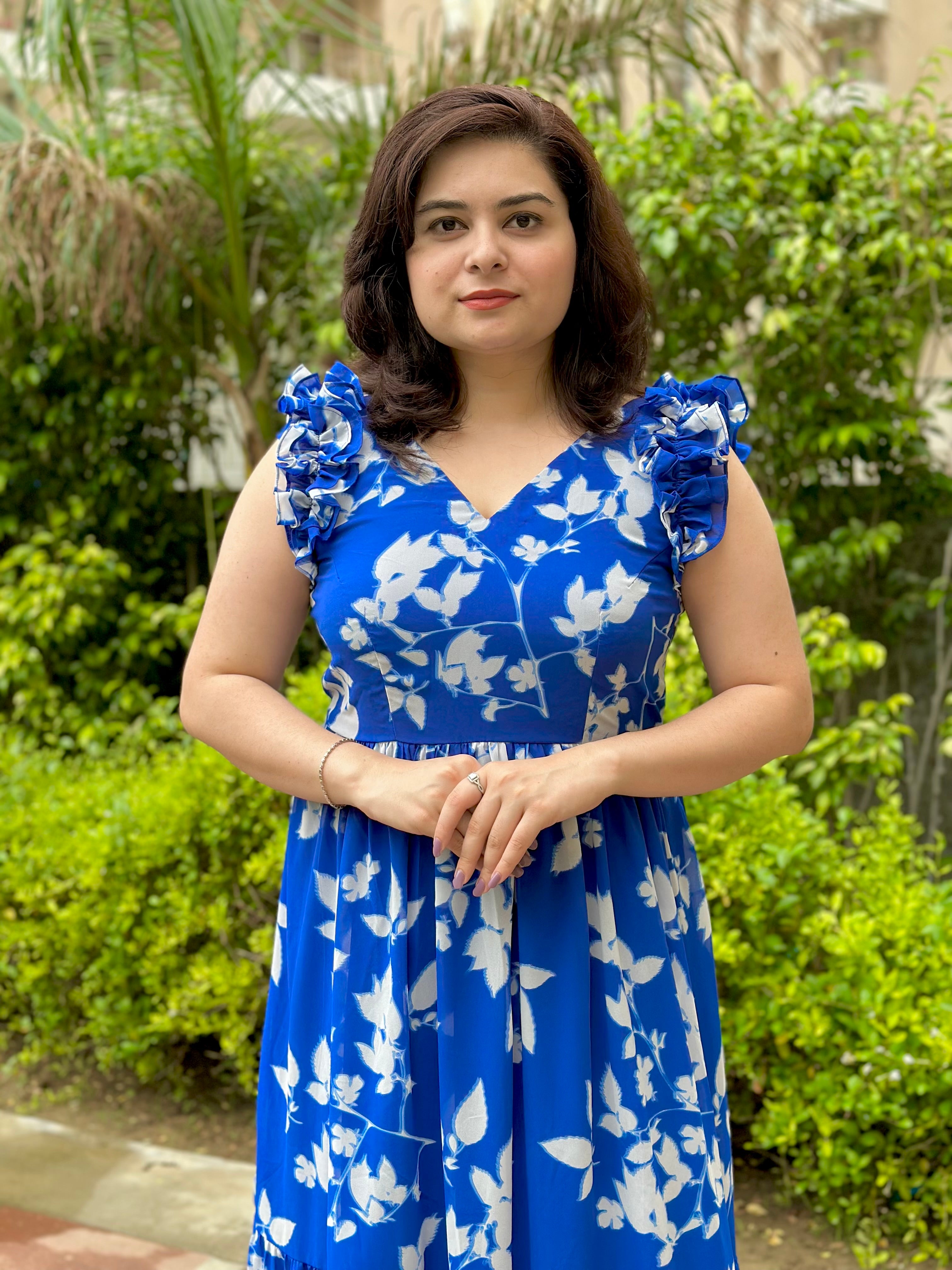 Printed Blue Georgette Tiered Maxi Dress