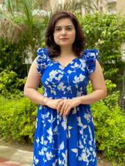 Printed Blue Georgette Tiered Maxi Dress