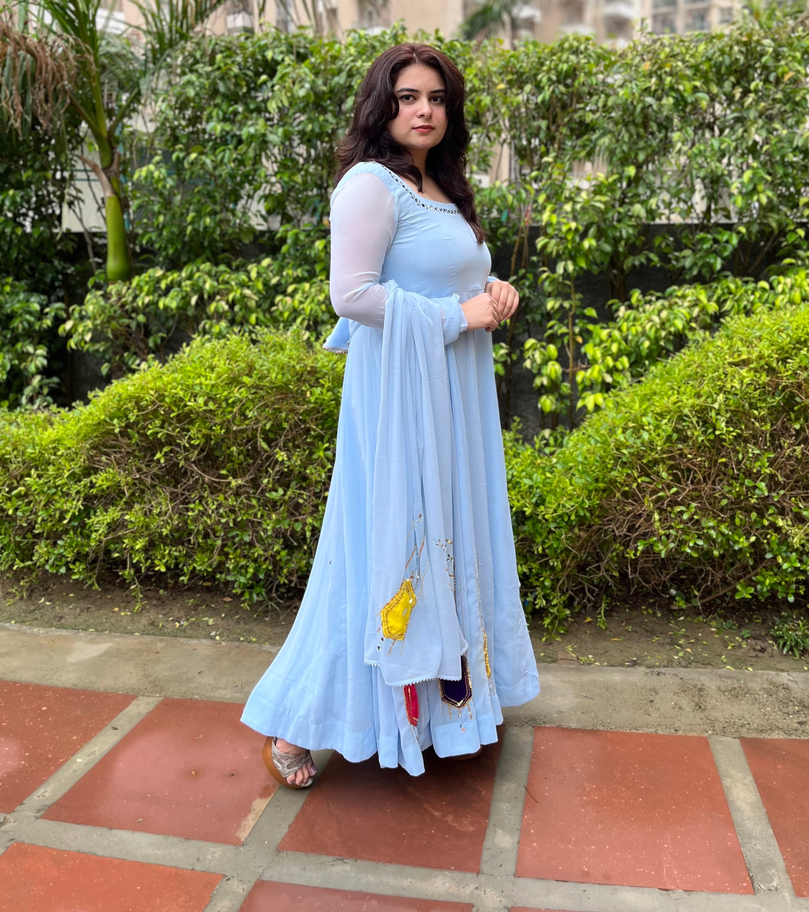 Party wear Hand Embroidered Powder Blue Georgette Anarkali