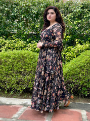 Printed Floral Black Chiffon Anarkali|Heavy Flare- Festive & Wedding Wear