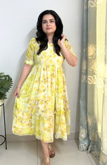 Printed georgette yellow dress