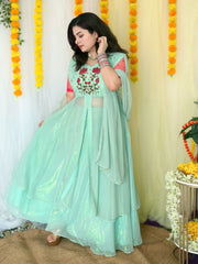 Partywear Hand embroidered Sea Green Skirt Set