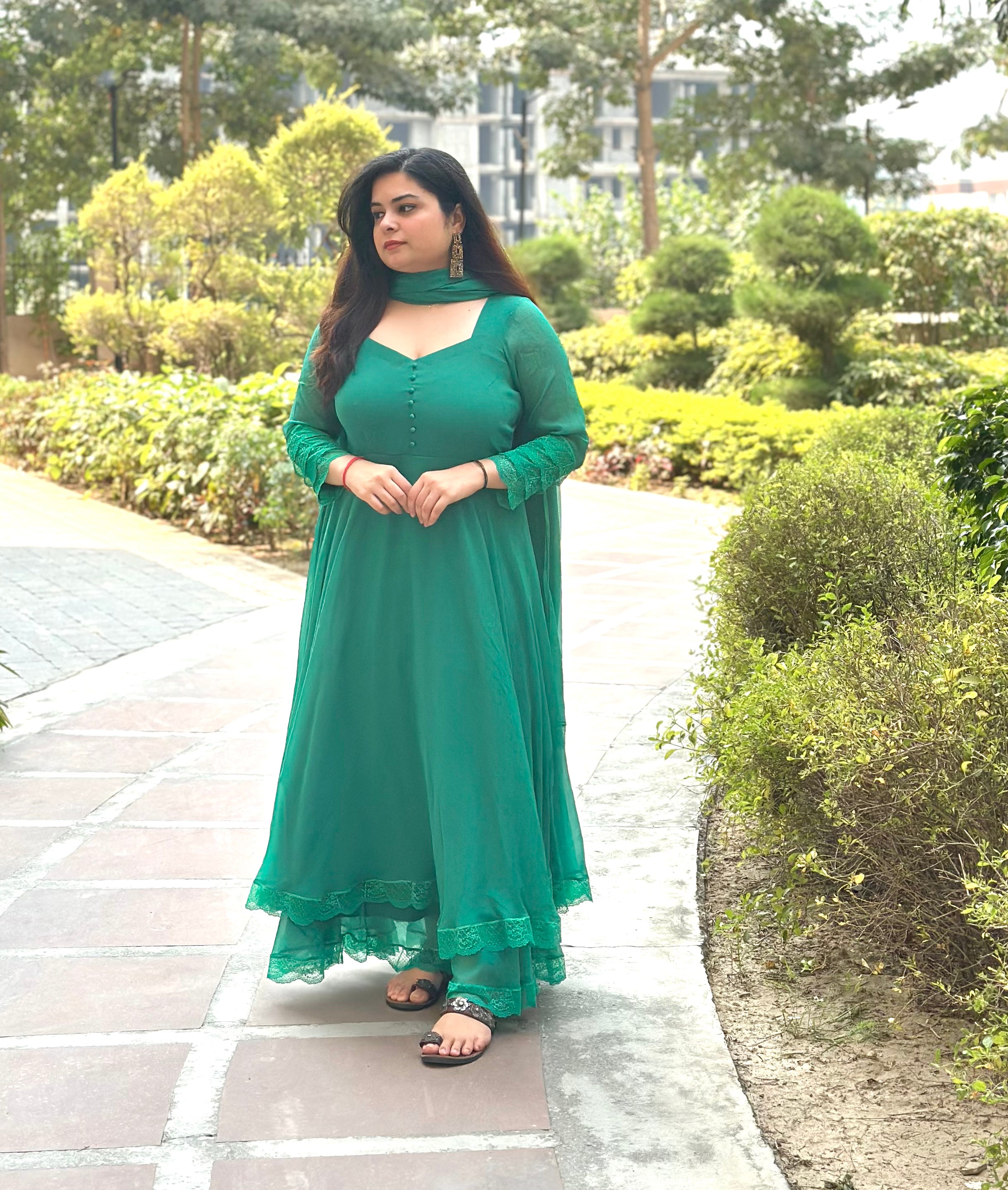 Green chiffon double layer anarkali