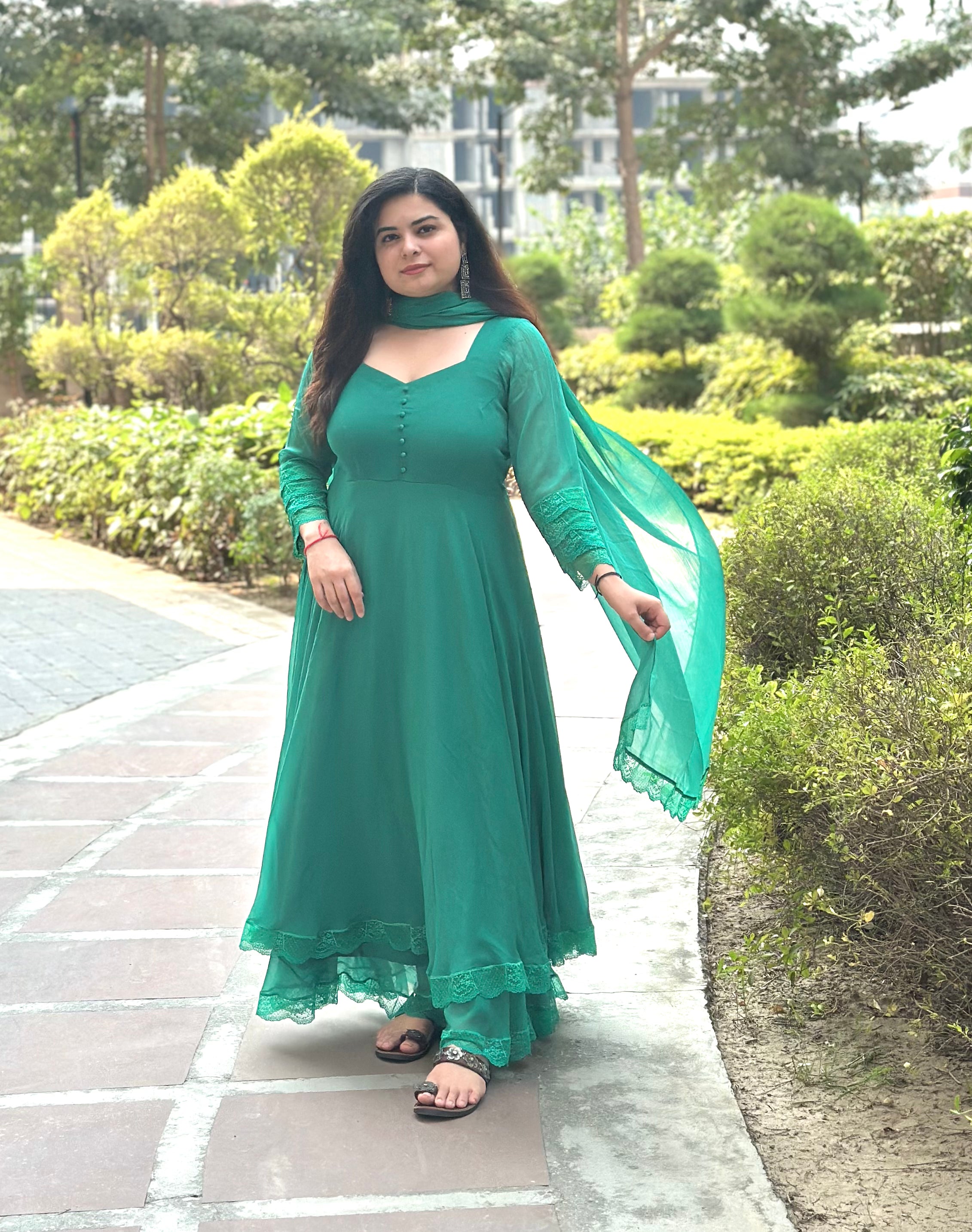 Green chiffon double layer anarkali