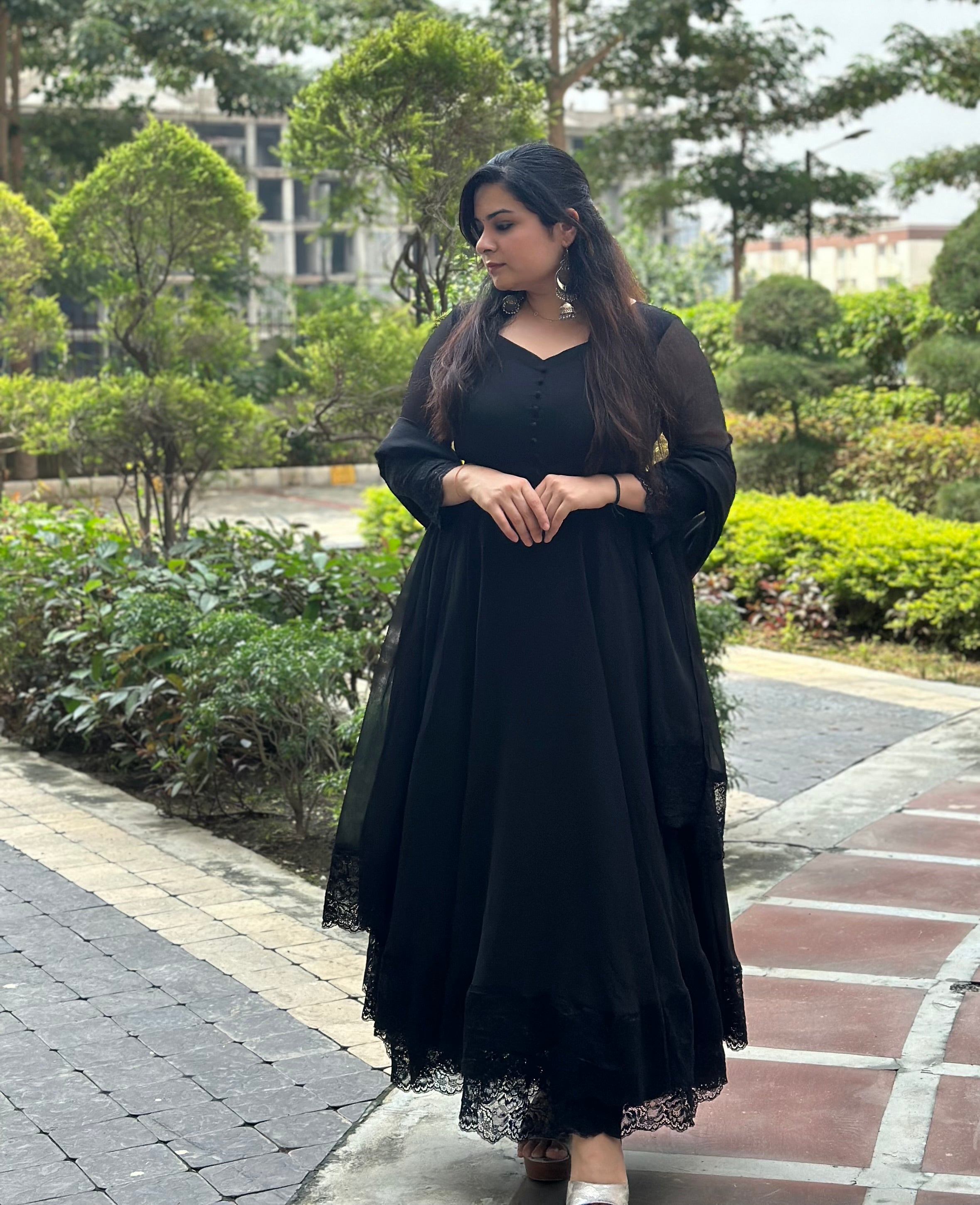 Black chiffon anarkali with lace detailing