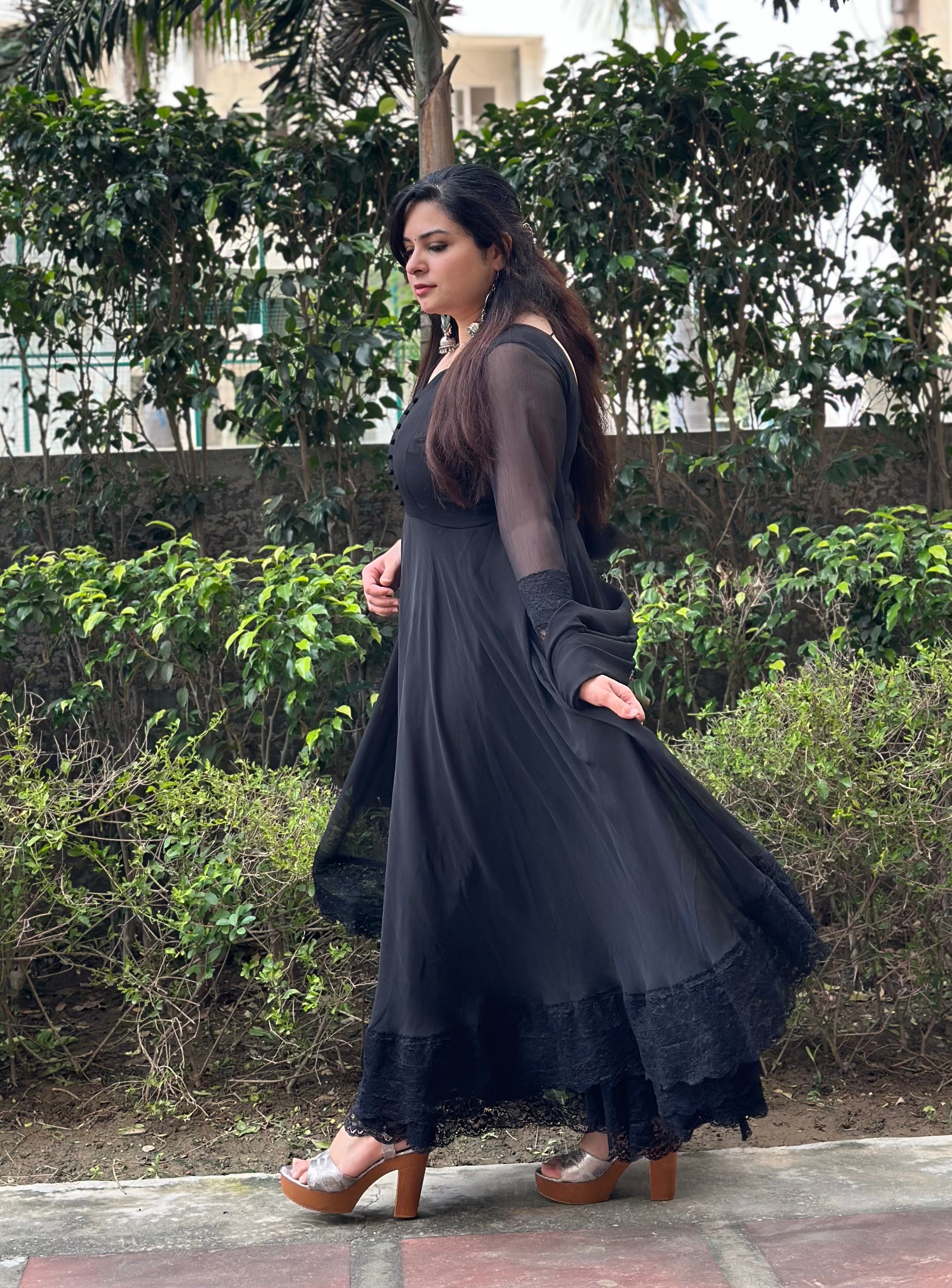 Black chiffon anarkali with lace detailing