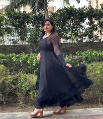 Black chiffon anarkali with lace detailing