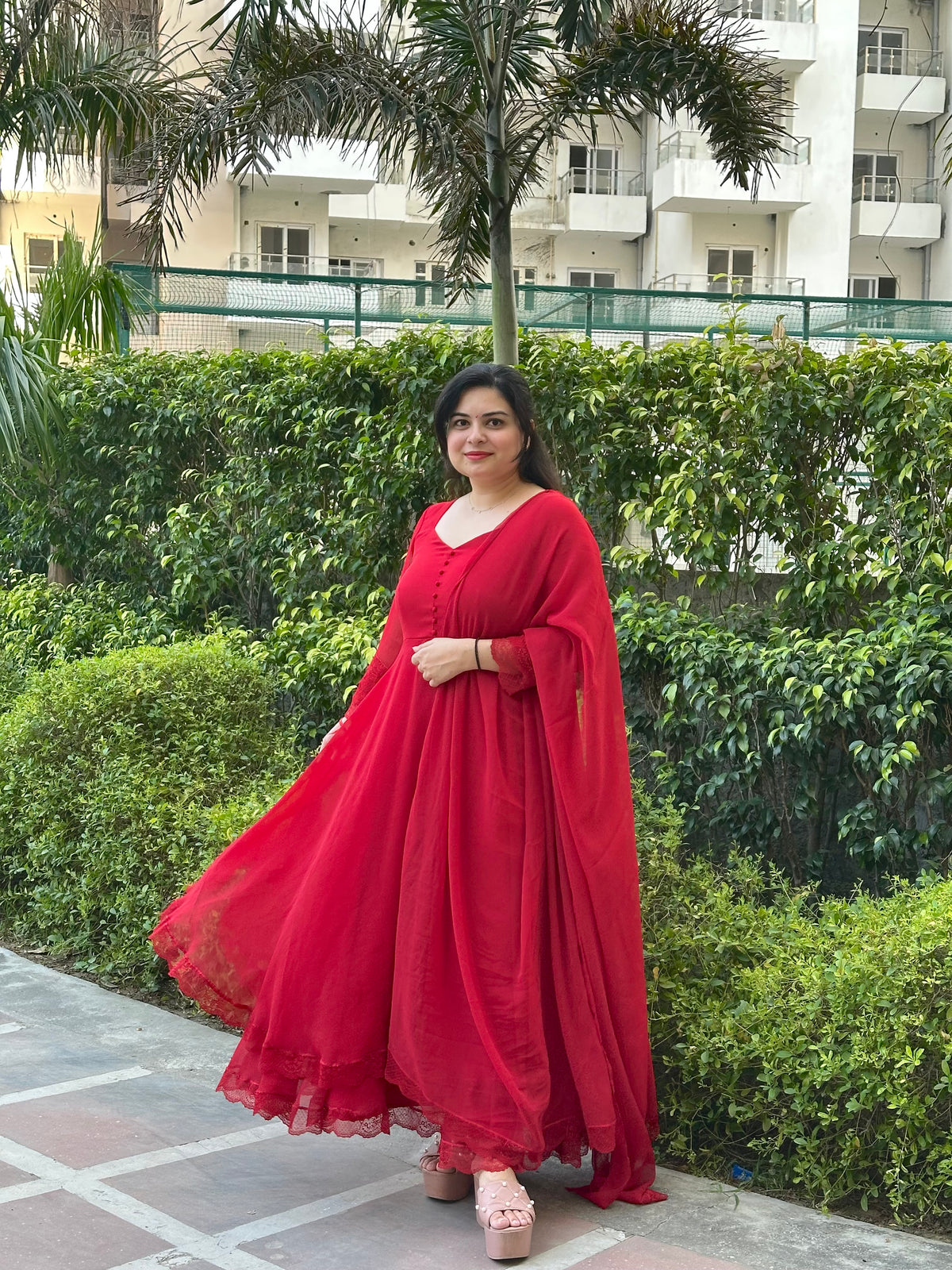 Red chiffon double layer Anarkali