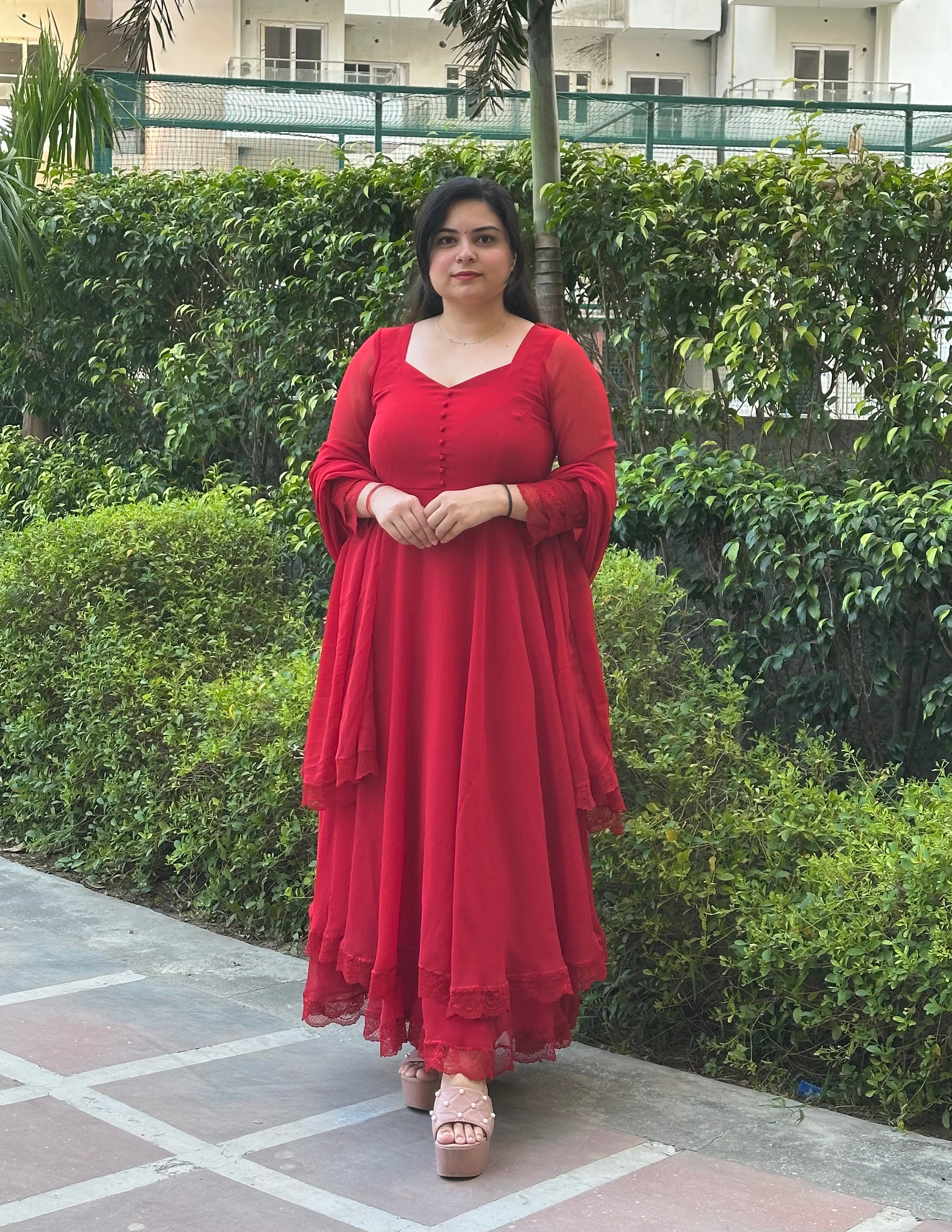 Red chiffon double layer Anarkali