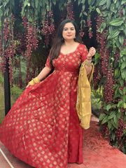 Red brocade silk partywear Anarkali