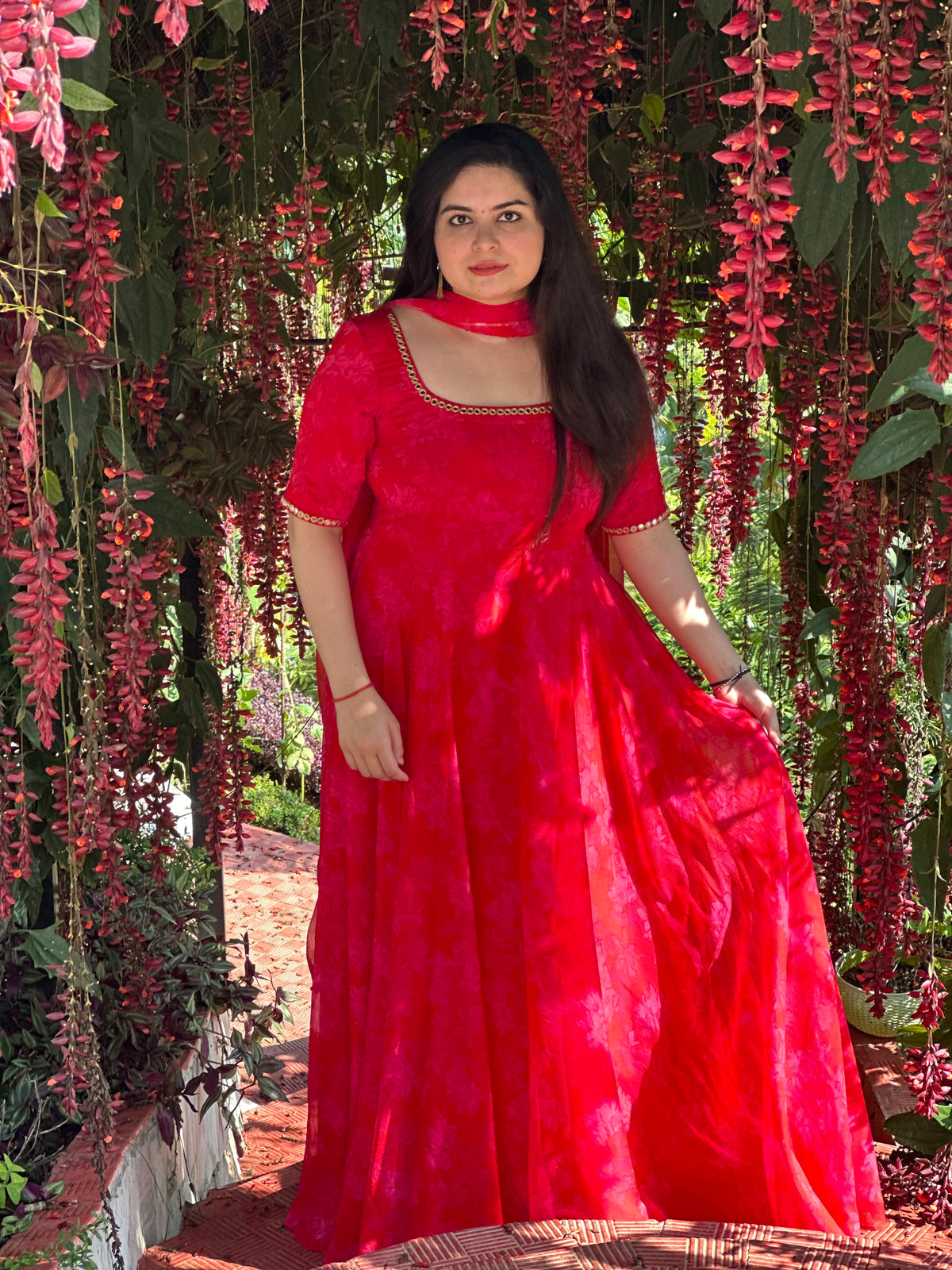 Party wear hand embroidered red printed anarkali