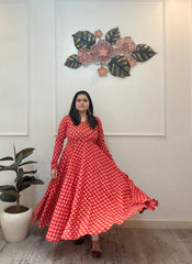 Printed red cotton anarkali