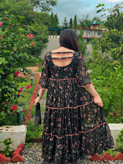 Printed black floral chiffon maxi