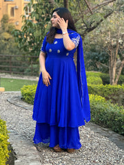 hand embroidered royal blue double flare anarkali