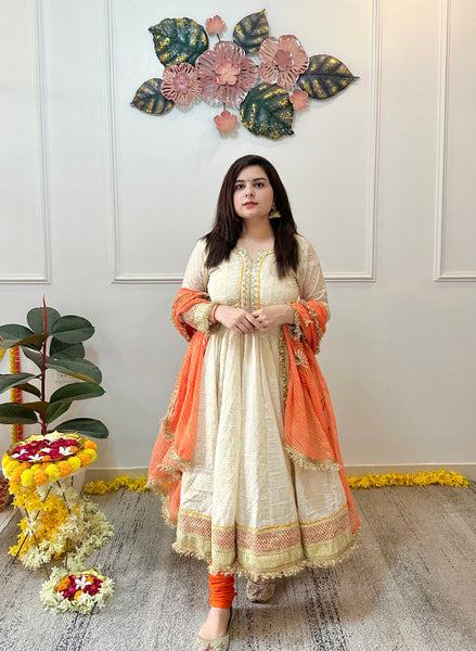 Foil printed cream anarkali set