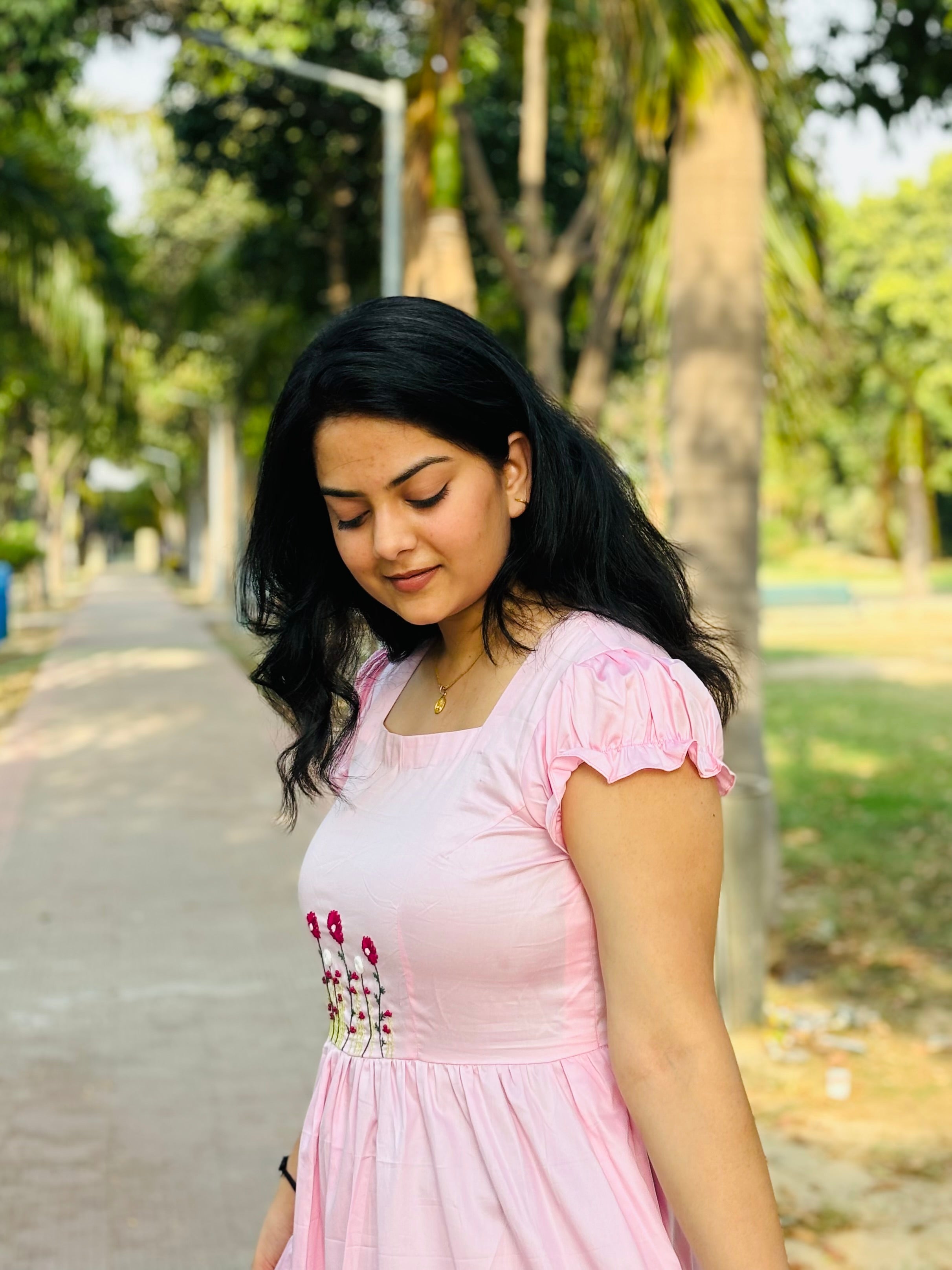 Hand embroidered baby pink midi