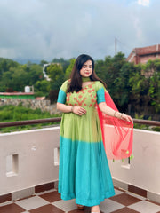 Hand embroidered blue-green shaded anarkali