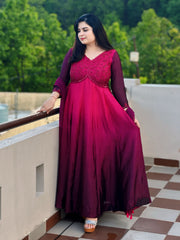 Hand embroidered grape wine shaded anarkali