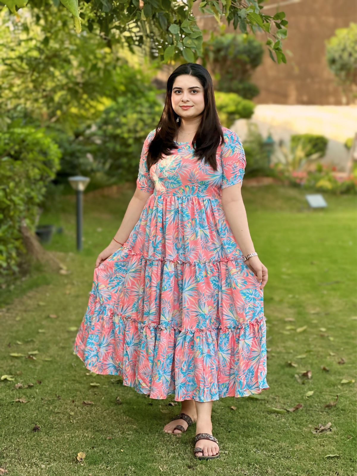 Peach printed 3 tier midi