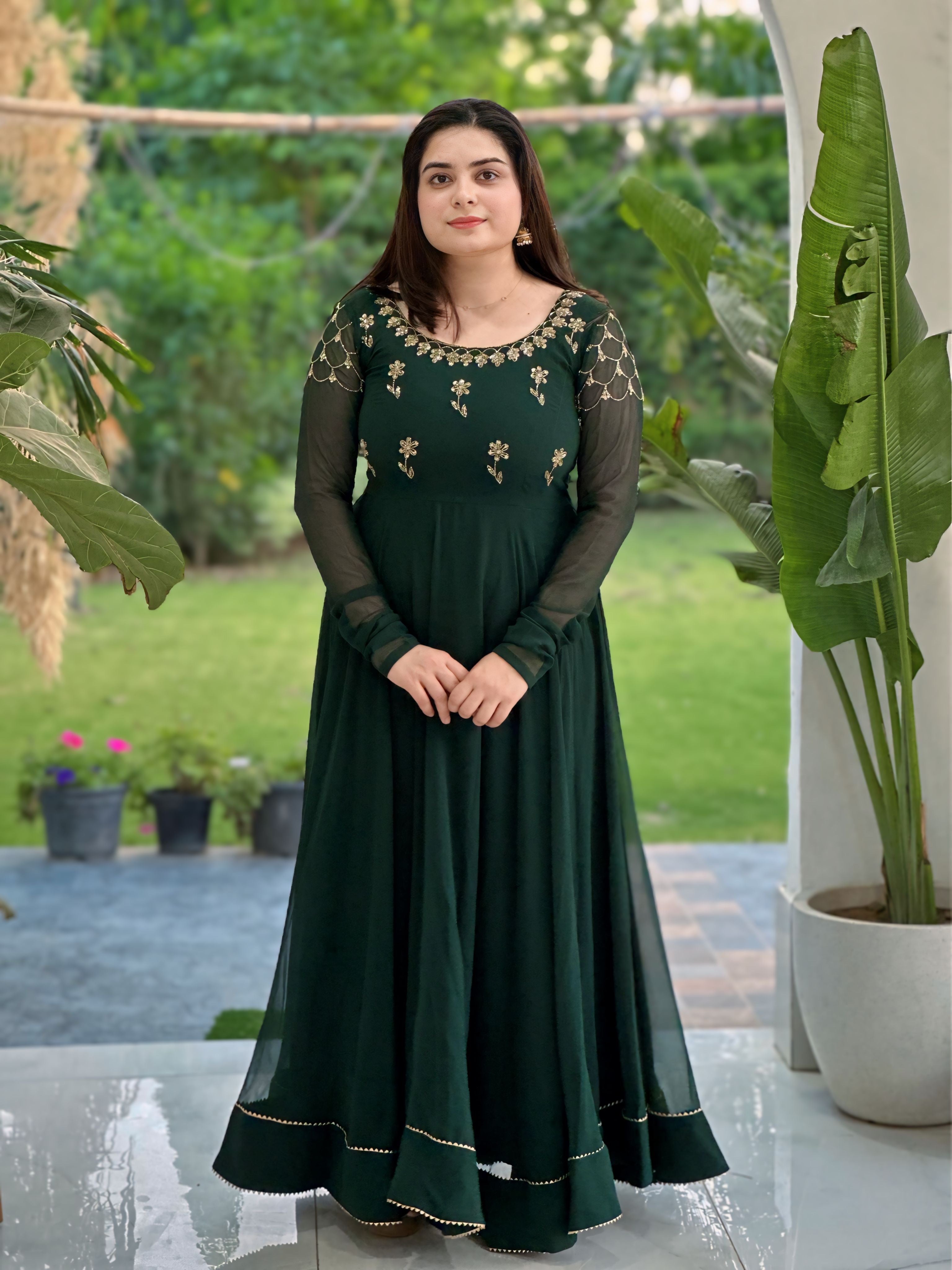 Hand embroidered bottle green anarkali