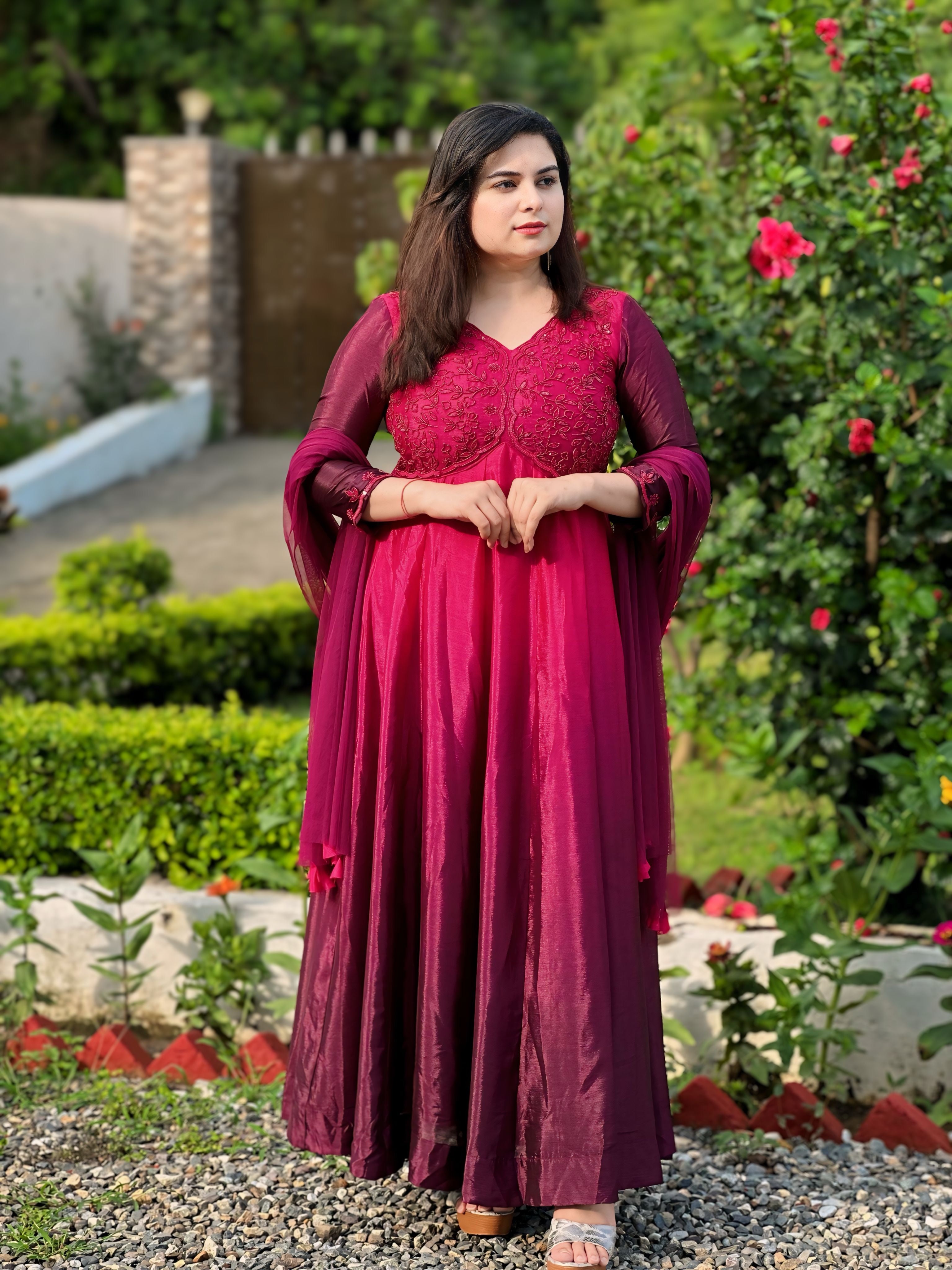 Hand embroidered grape wine shaded anarkali