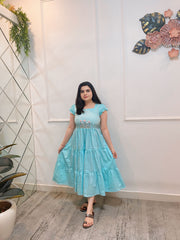 Hand embroidered sky blue cotton midi