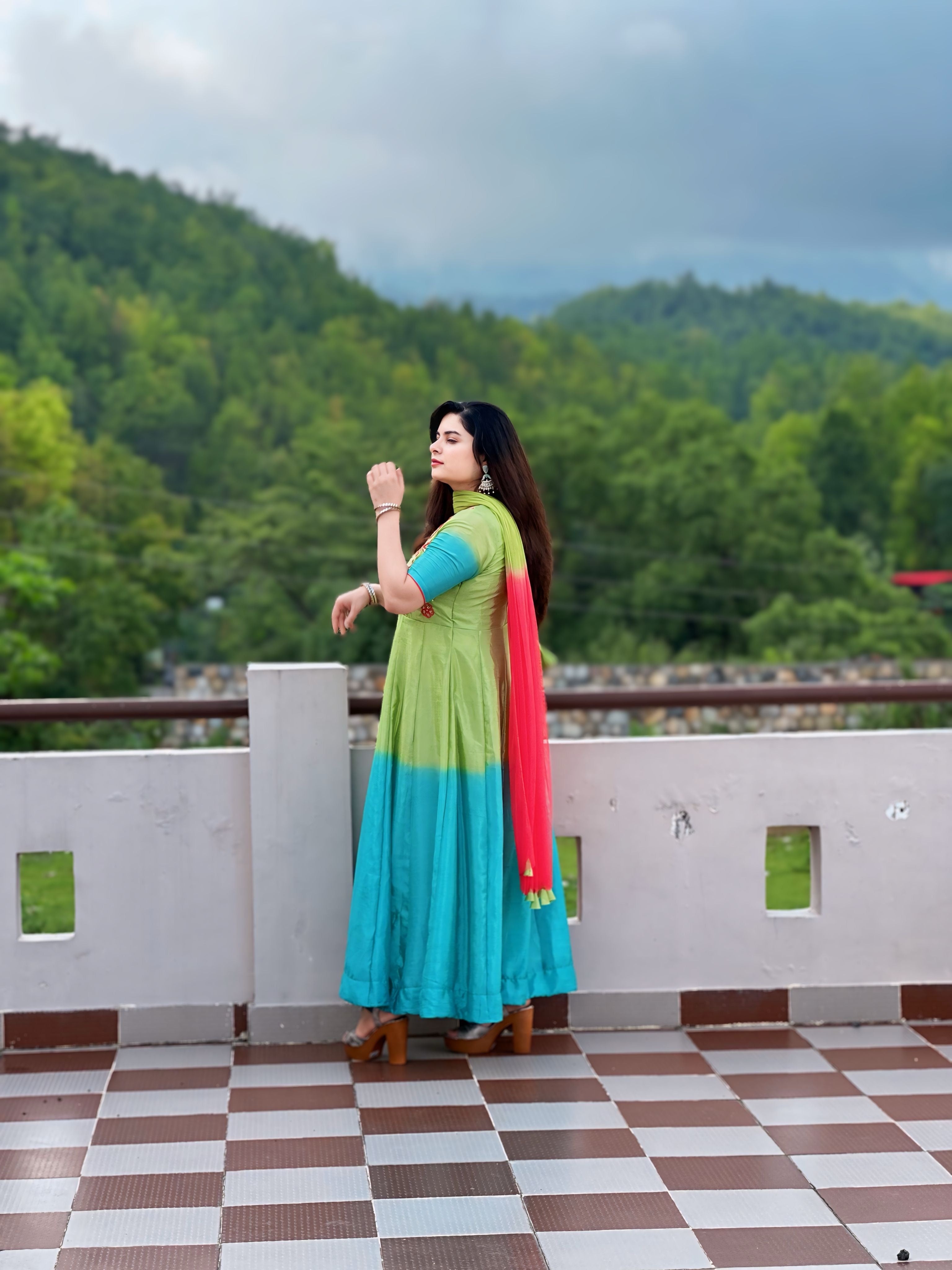 Hand embroidered blue-green shaded anarkali