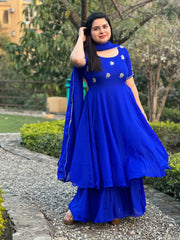 hand embroidered royal blue double flare anarkali