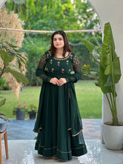 Hand embroidered bottle green anarkali