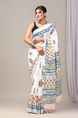 White hand block printed linen cotton saree with blouse piece
