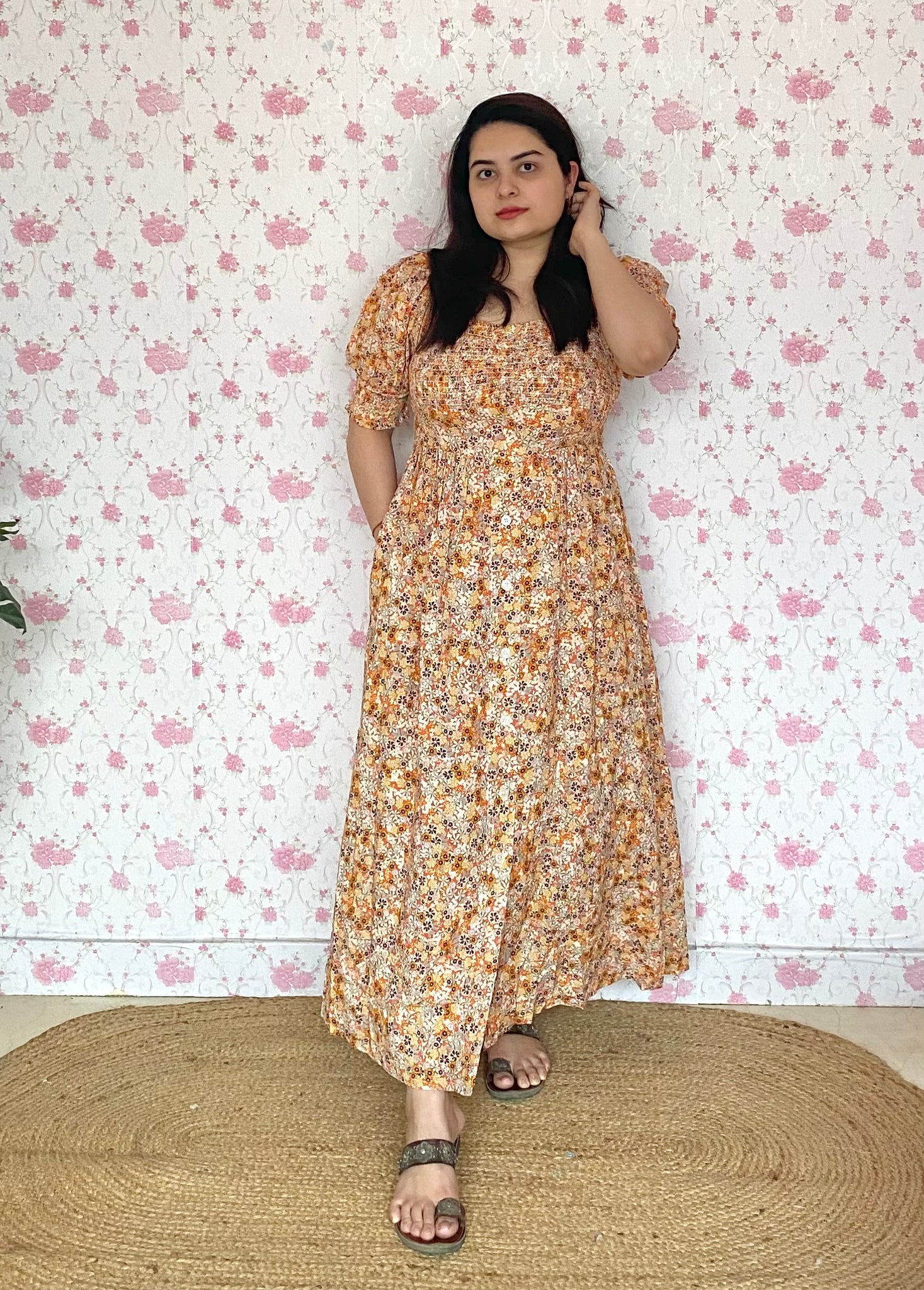 Cream printed rayon midi