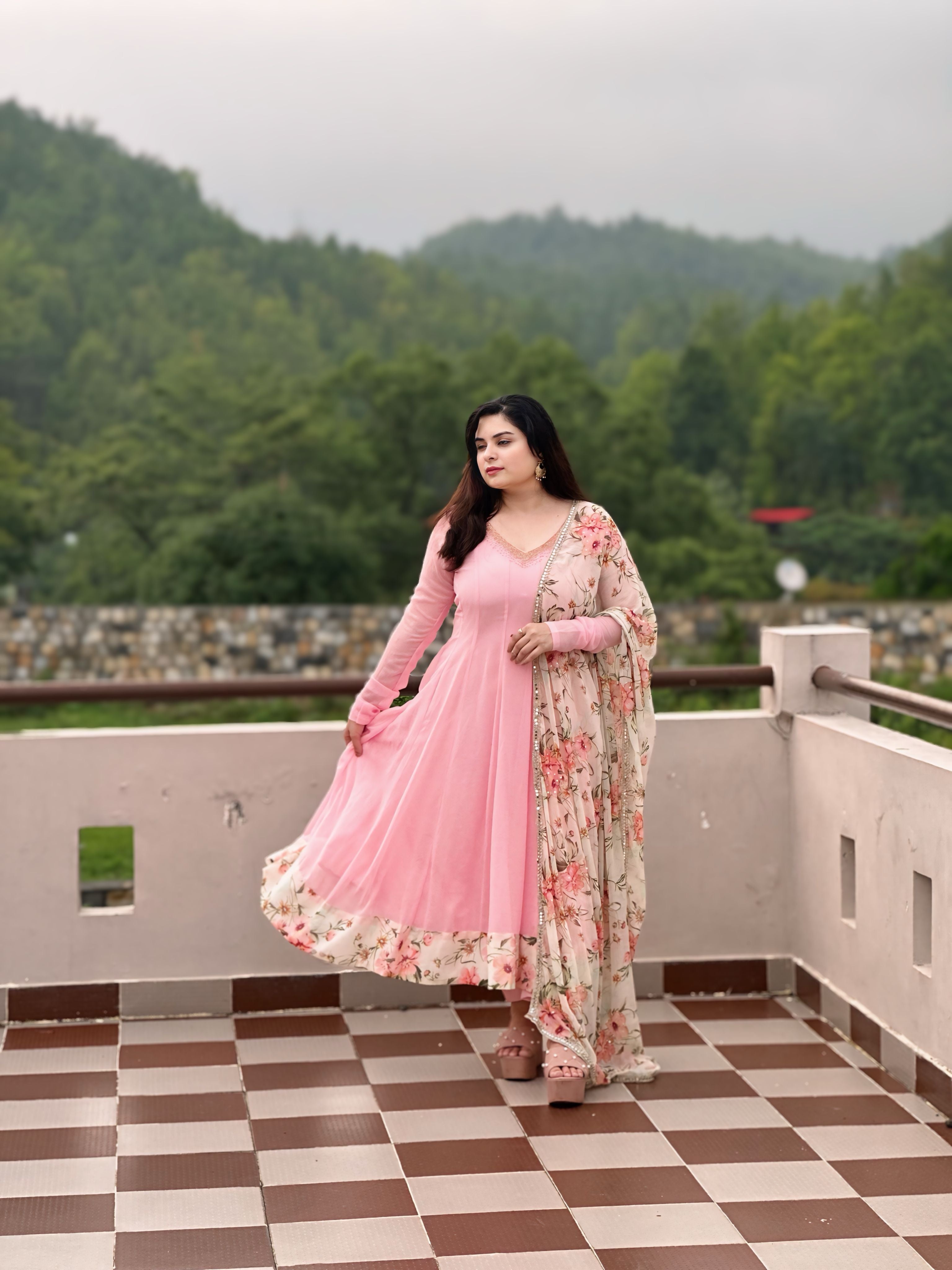 Rose pink hand embroidered anarkali set