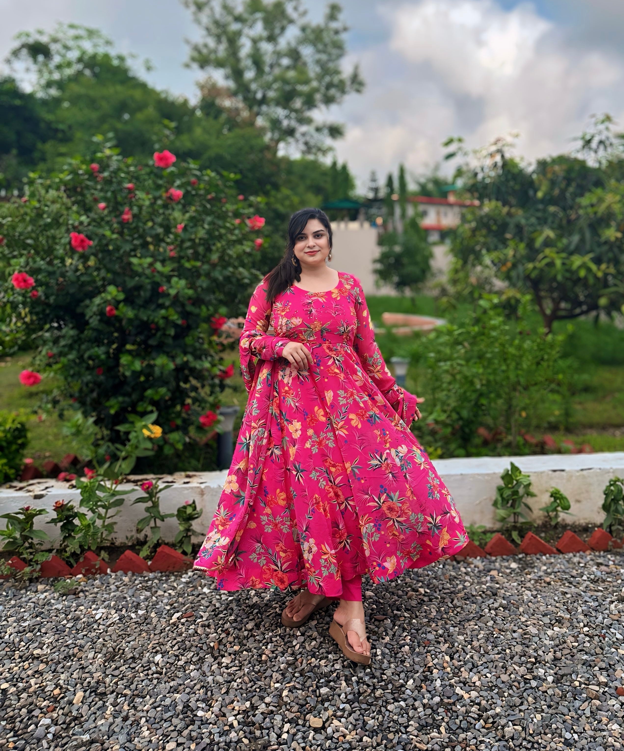 Hand embroidered floral pink anarkali