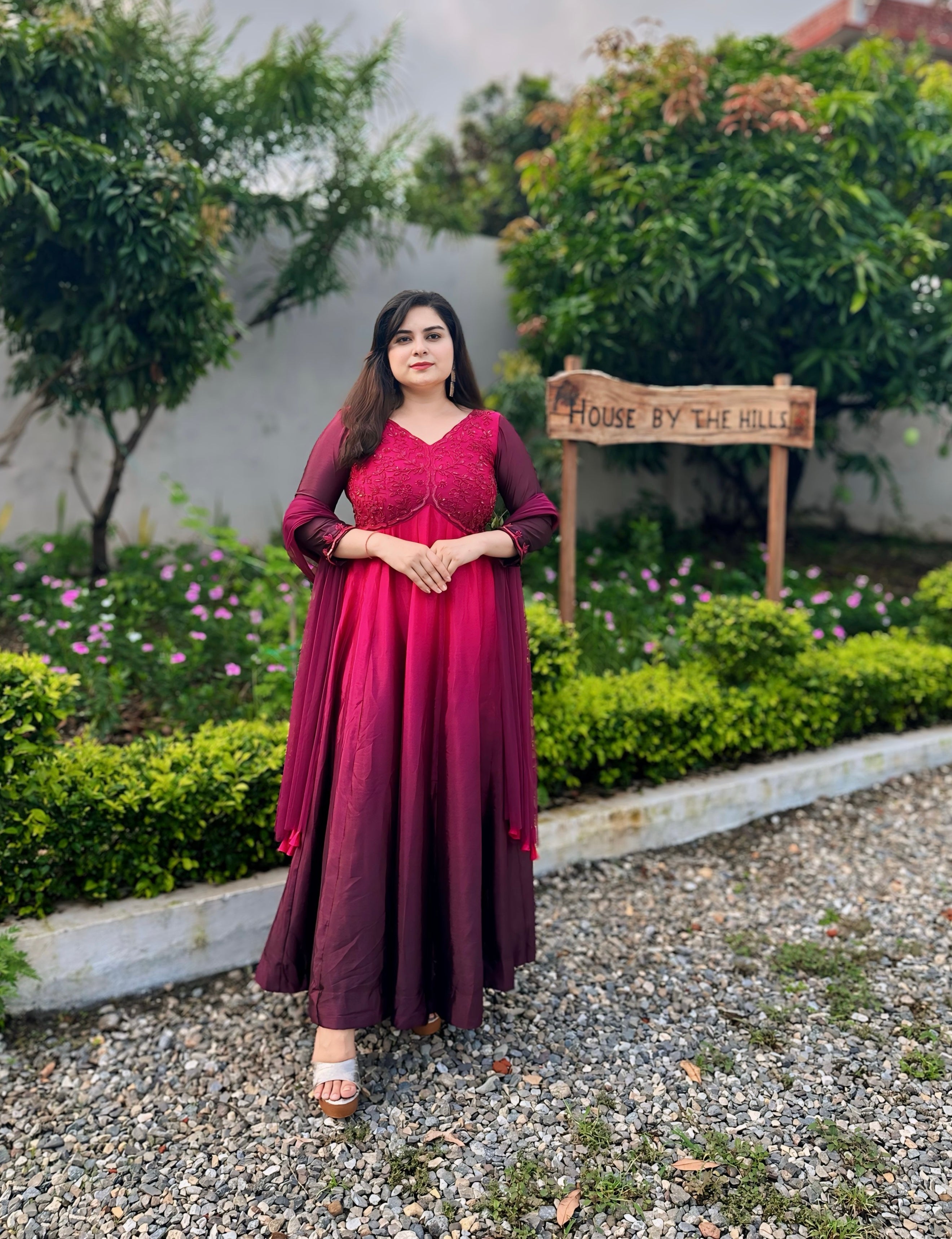 Hand embroidered grape wine shaded anarkali