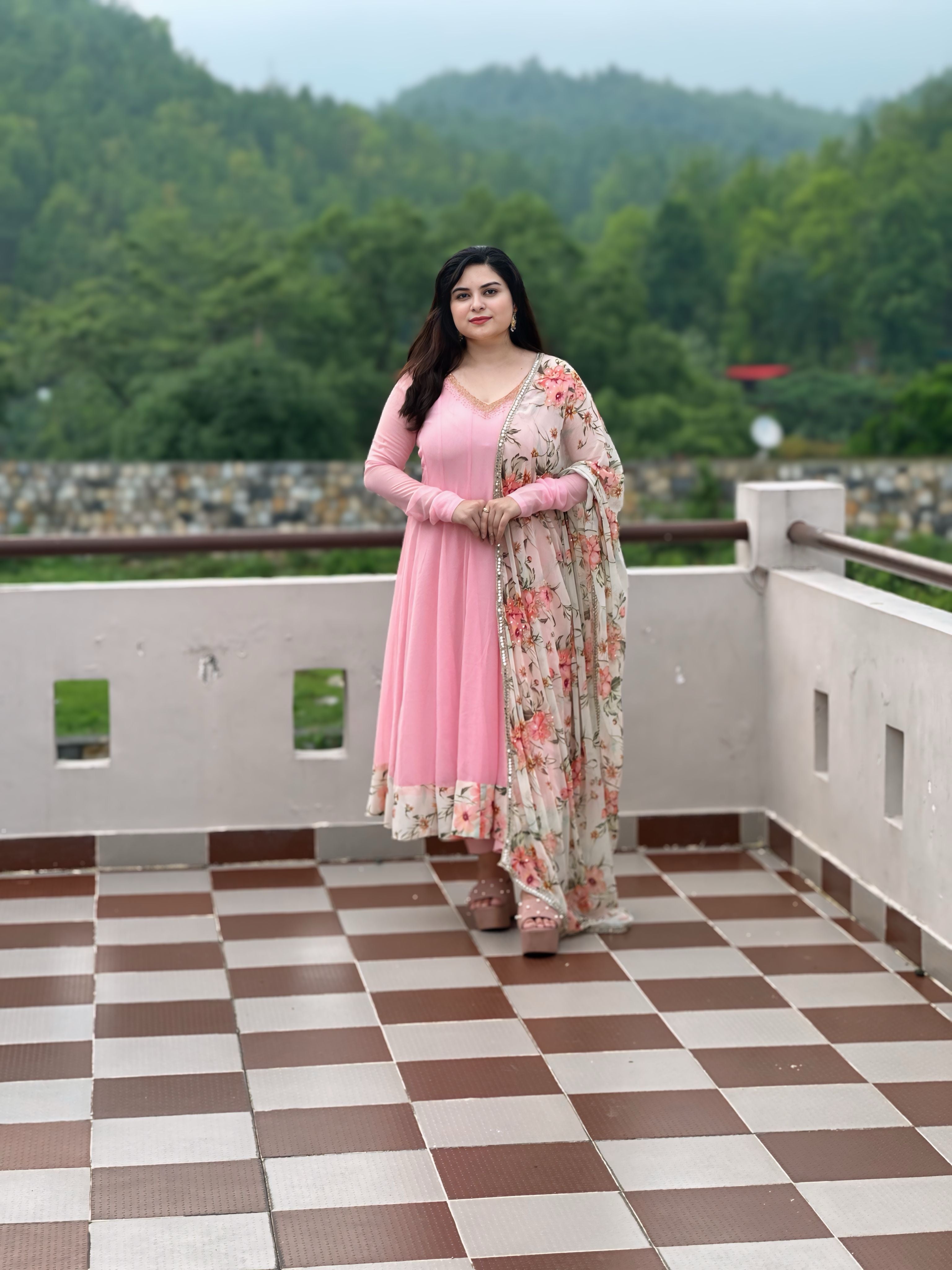 Rose pink hand embroidered anarkali set