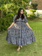 Printed 3 tier blue crepe midi