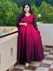 Hand embroidered grape wine shaded anarkali