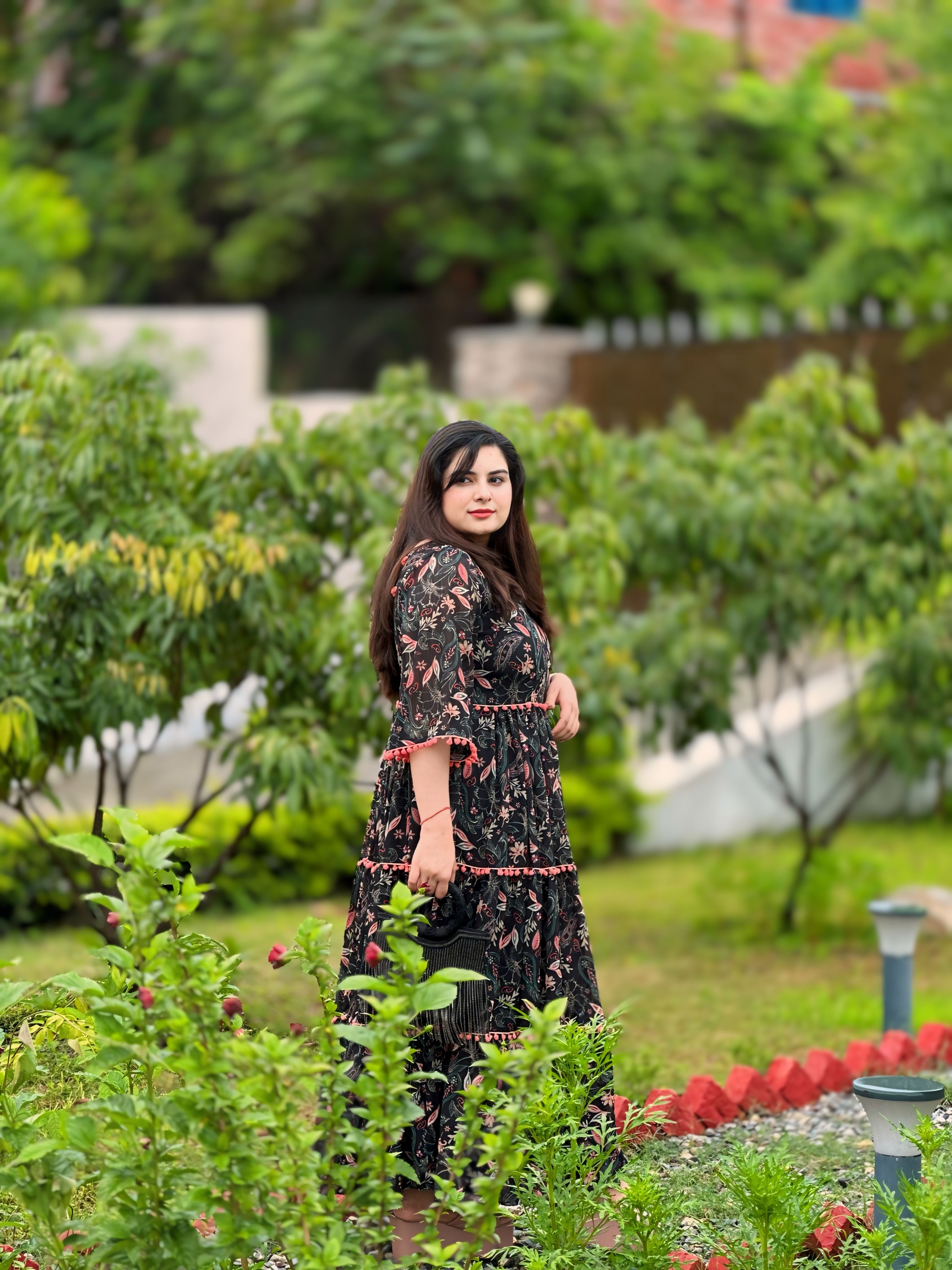 Printed black floral chiffon maxi