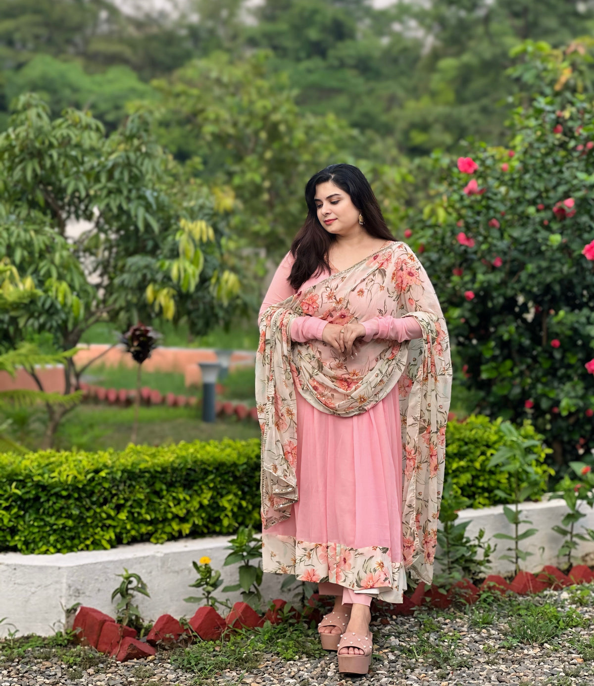 Rose pink hand embroidered anarkali set