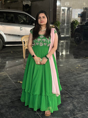 Hand embroidered leaf green double flare anarkali