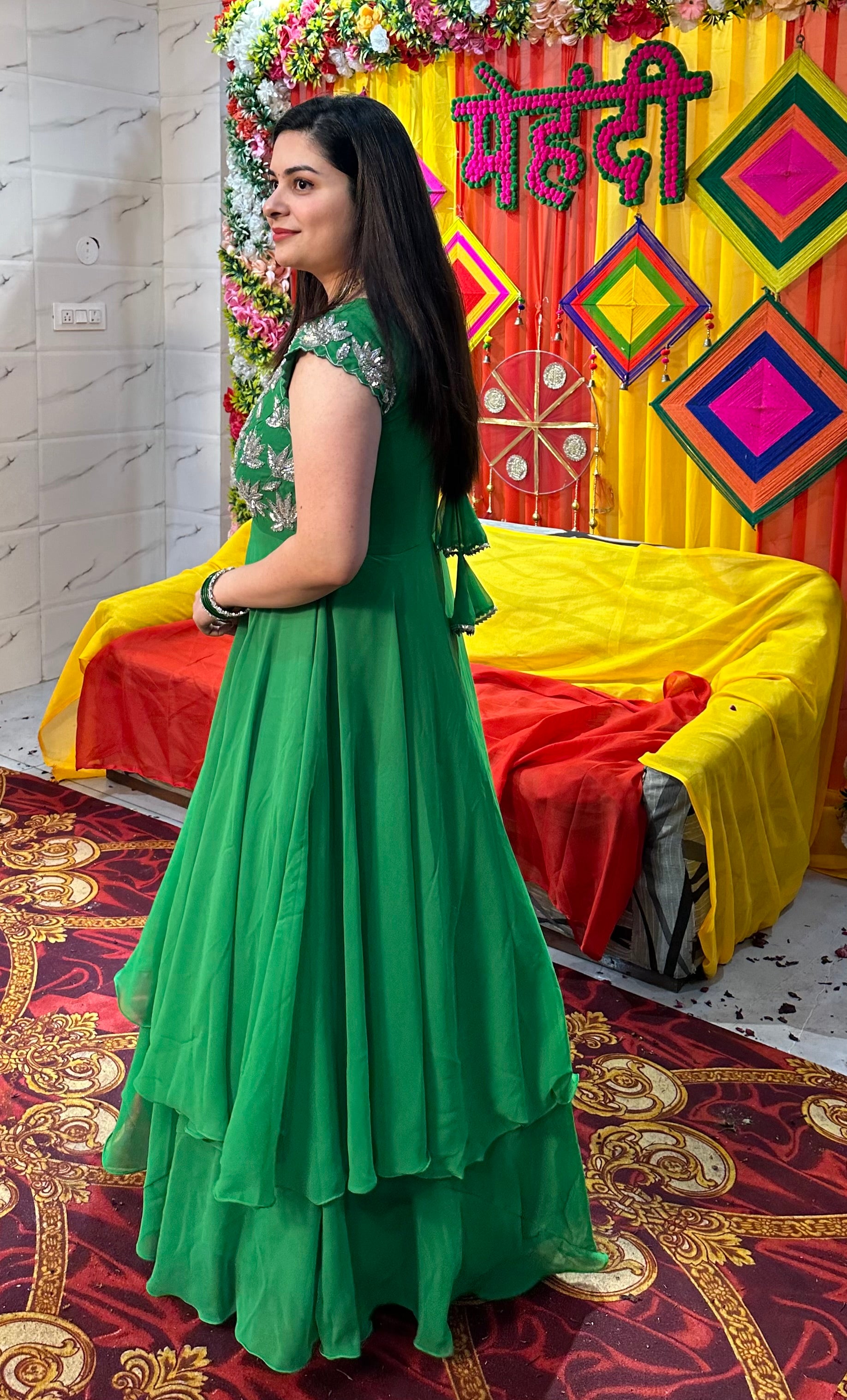 Hand embroidered leaf green double flare anarkali kasumi.in Hand embroidered leaf green double flare anarkali kasumi.in