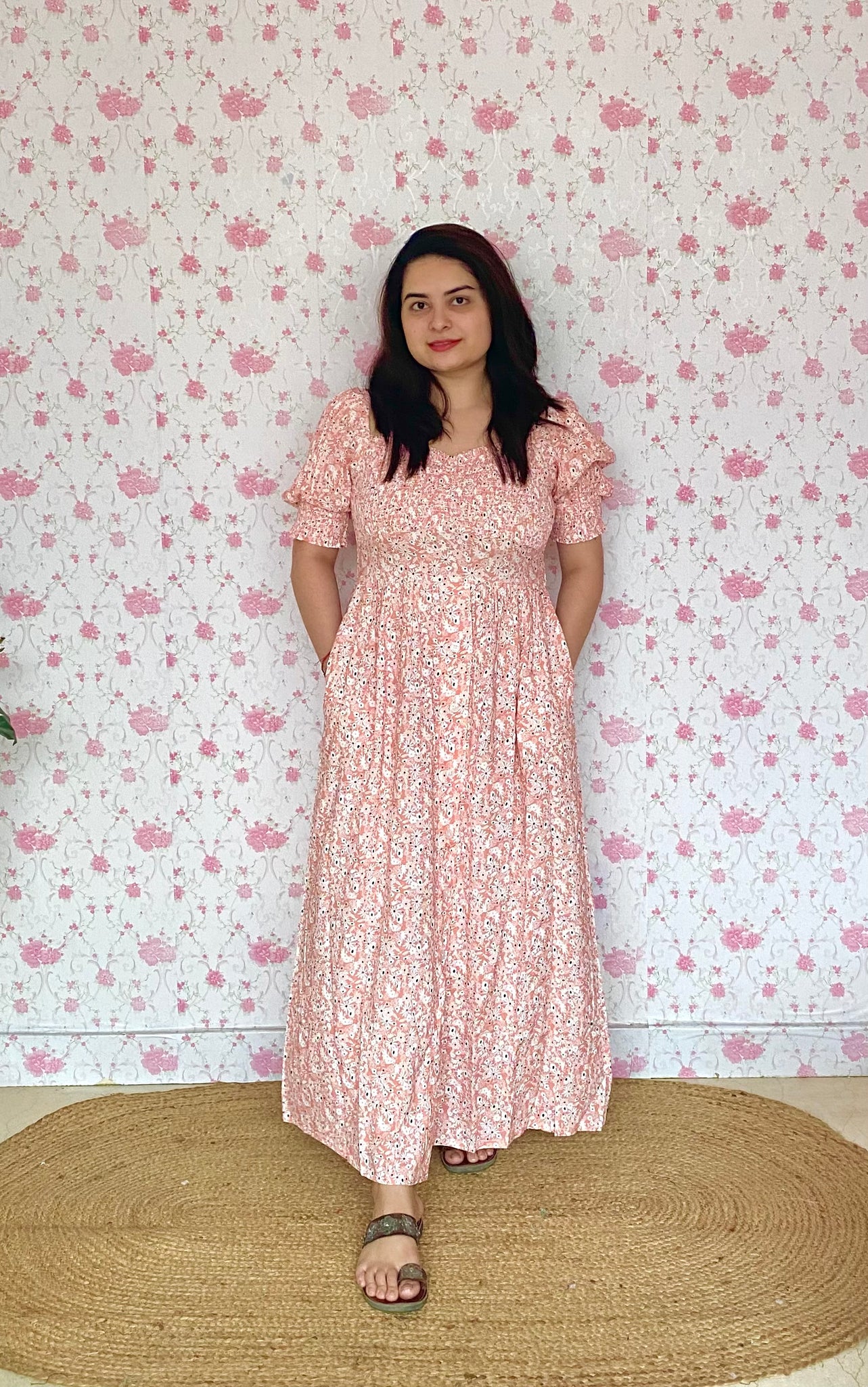 Peach printed midi