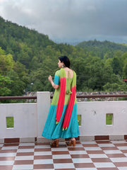 Hand embroidered blue-green shaded anarkali