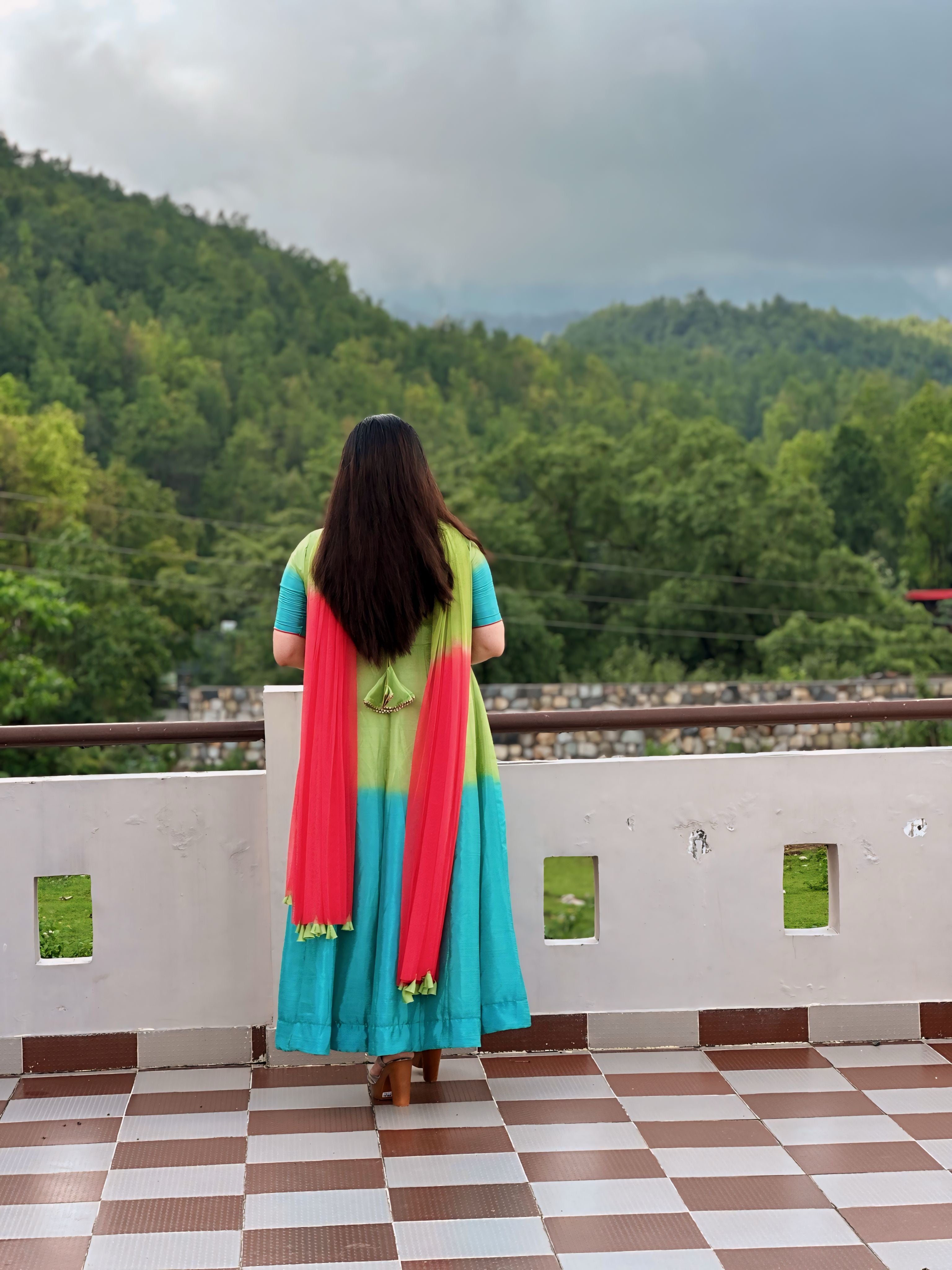 Hand embroidered blue-green shaded anarkali