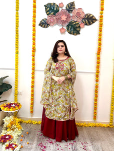 Mehndi printed silk chiffon skirt set