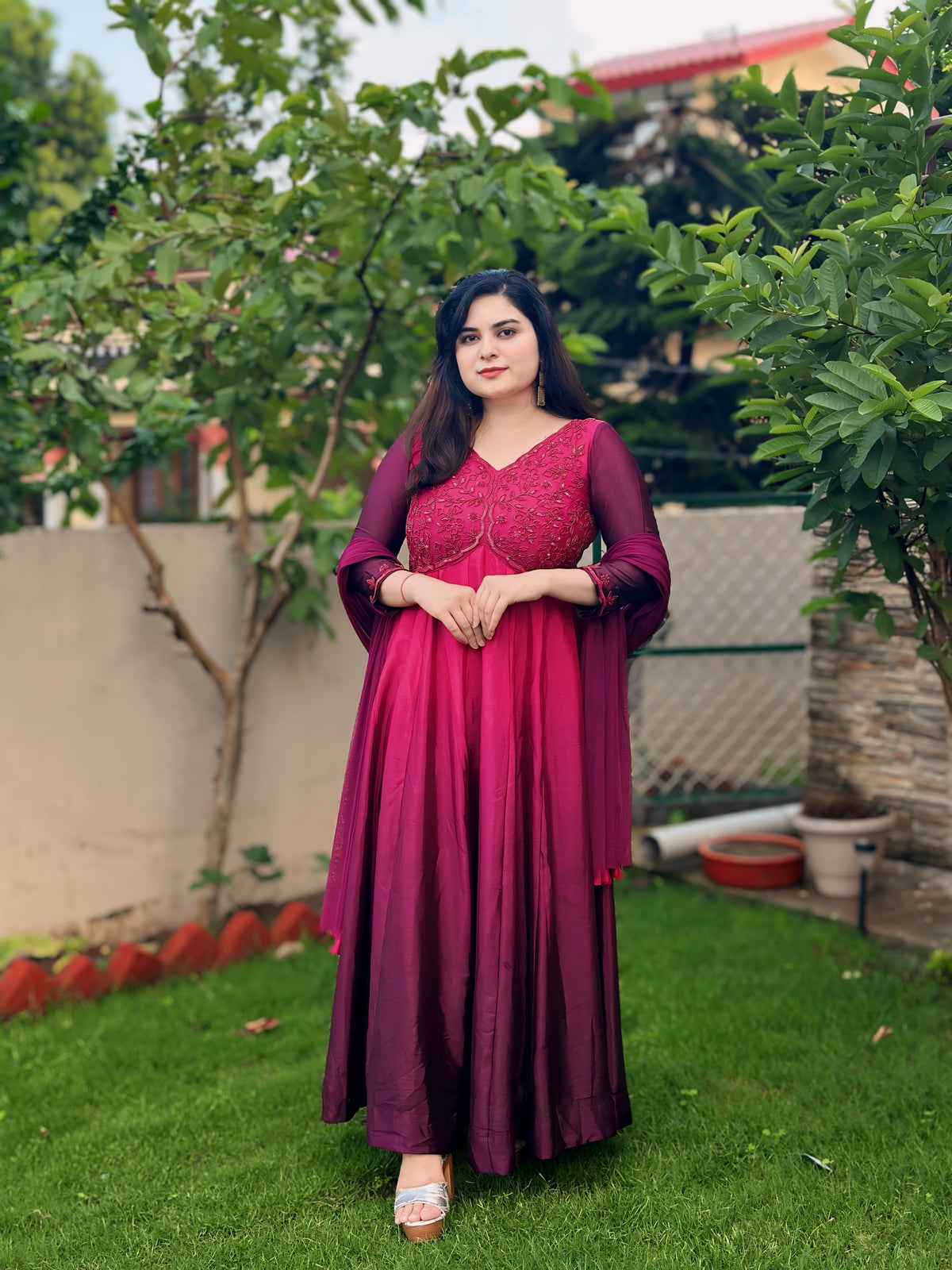 Hand embroidered grape wine shaded anarkali